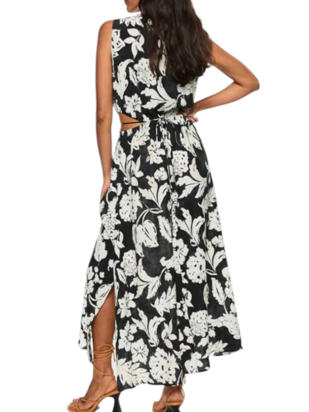 MNG Mango Willow Side Cut Out Maxi Dress Crinkle Floral Black Gray 4 - Picture 8 of 12